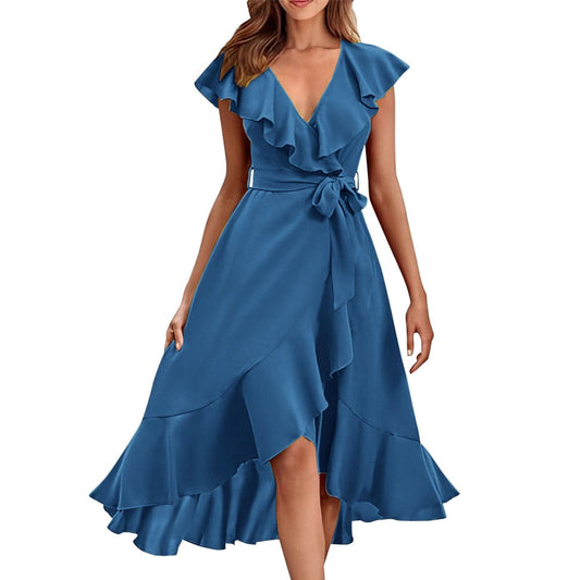Generic Wedding Guest Dress Engagement Dresses for Women Vestidos Formales para Mujer Womens Summer Wrap V Neck Split Party Dress Ruffle Short Sleeve Midi Dress with Belt Sky Blue Medium