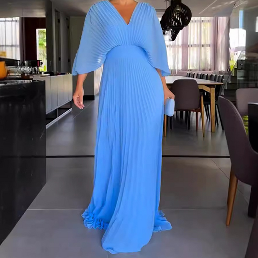Women's V-Neck Batwing Sleeve Dress – High-Waisted Elegant Maxi Dress