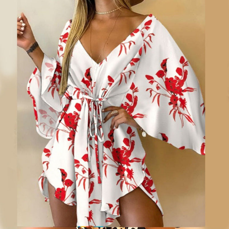 Irregular Bat Sleeve V-neck Lace-up Dress