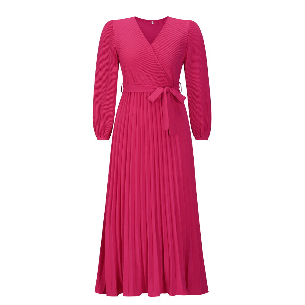 V-neck Long Sleeve Pleated A-Line Mid-Length Dress