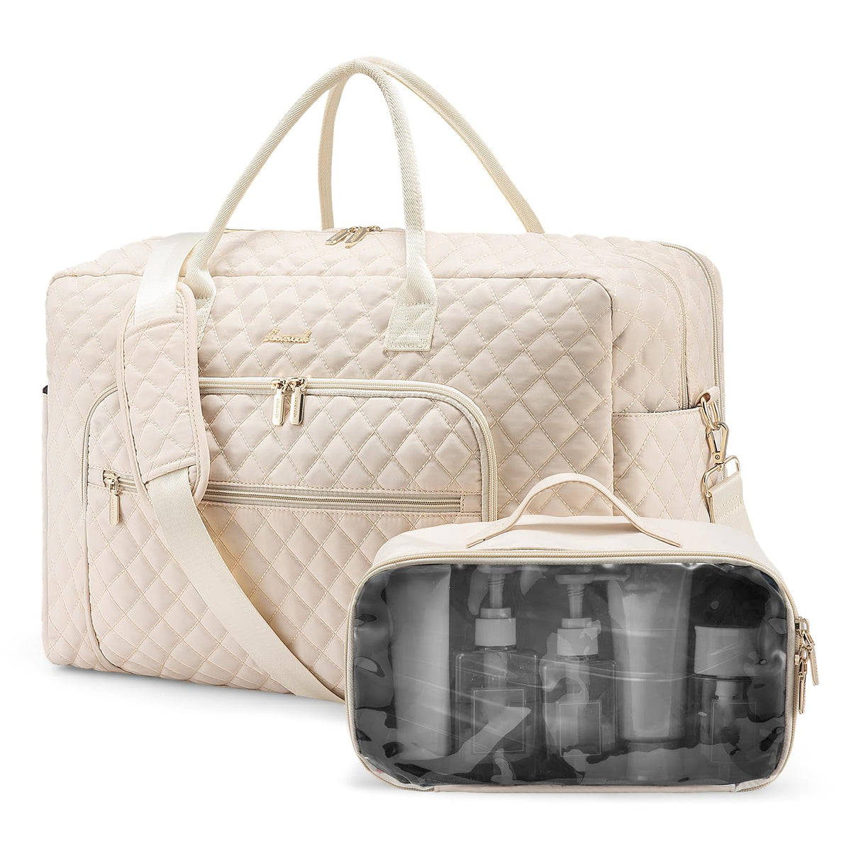 LOVEVOOK Travel Duffle Bag Weekender Bag for Women with Toiletry Bag Carry on Overnight Bag with Laptop Compartment Yoga Gym Bag with Wet Pocket Shoe Bag Hospital Bag for Labor and Delivery Beige