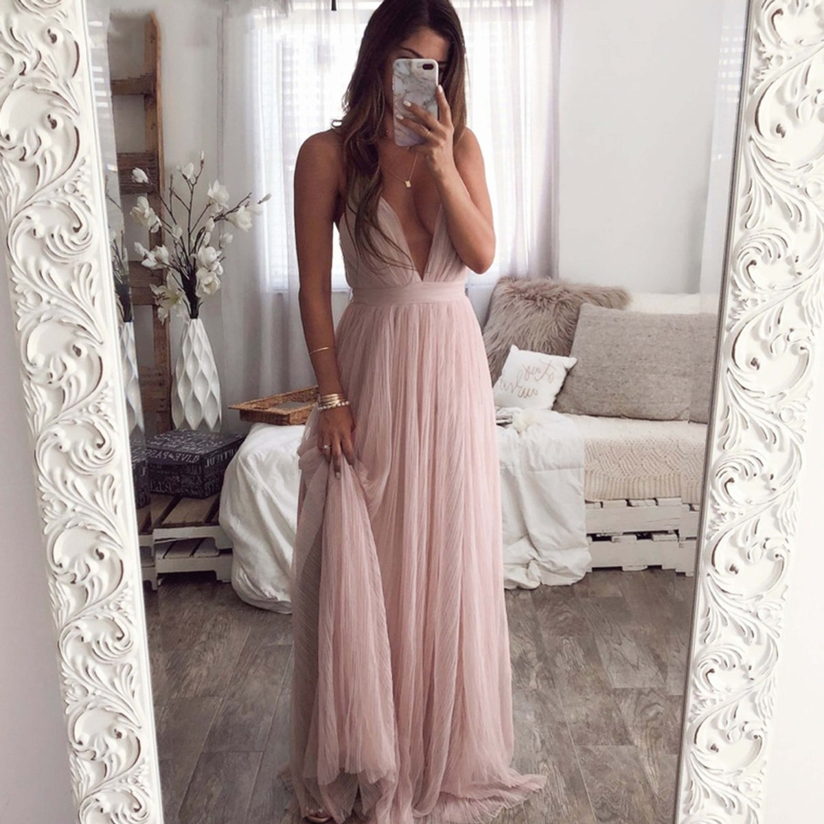 Deep V Neck Spaghetti Strap Mesh Long Dress