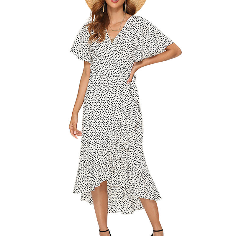 V-Neck Irregular High-Waist Chiffon Floral Dress