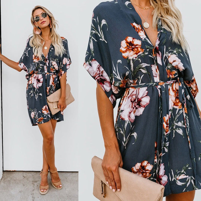Floral V-Neck Dress with Tie Detail