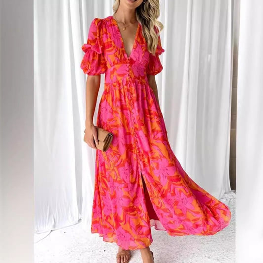 Women's V-Neck Chiffon Midi Dress – Elegant Short Sleeve Dress