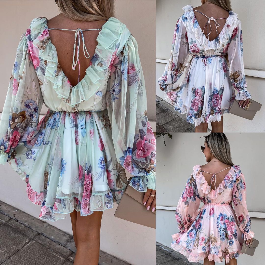 V-Neck Printed Long Sleeve Dress with Nipped Waist