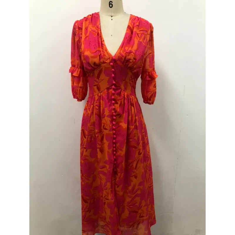 Foreign Trade V-neck Short Sleeve Chiffon Mid-length Dress